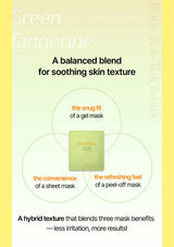 A promotional graphic for a green peel-off gel mask. The center shows a light green box labeled 'ClearDox Green Tangerine'.