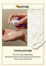 Hand holding a bottle of serum with a close-up of the serum being applied to skin, labeled 'Texture'.