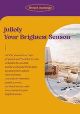 Promotional material for 'juliyly' with a scenic background and text about the brand's message.