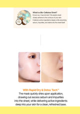 An informational product page with text and before/after skin close-ups explaining a mask sheet product. The page includes a yellow border, a definition panel about a Bio-Celulose Sheet, two facial close-ups showing skin treatment results, and descriptive copy about rapid dry and detox tech.