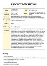 Product description sheet for a cosmetic serum with details on usage, ingredients, and safety precautions.