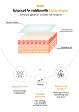 Diagram of skin layers with three technologies applied for advanced formulation.