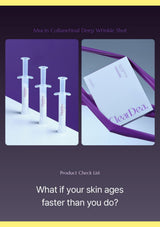 Promotional graphic for a skincare product featuring three white syringe-style injectors labeled ClearDea. on a purple and white background, alongside a branded card and purple ribbon.