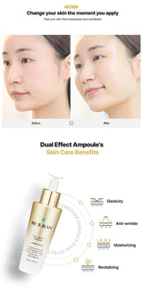 Before and after comparison of skin with a bottle of dual effect ampoule and text highlighting benefits.