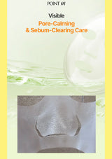 A promotional graphic for visible pore-calming and sebum-clearing care, with text at the top and a close-up inset of a translucent sheet mask applied to a nose area. The design uses pale yellow-green tones with a yellow border.