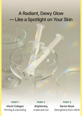 Promotional graphic for a skincare product showing two white syringe-style applicators labeled 'CeraVe' resting in a clear glass bowl, with text describing radiant dewy glow and three benefit points at the bottom.