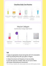 A digital infographic detailing the ClearDea Daily Care and Mucin Collagen night/early morning routines, featuring step-by-step product sequences, product photos, and application tips on a light background with a yellow border.