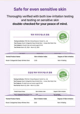 A digital infographic on a light lavender background with purple headline text stating 'Safe for even sensitive skin' and English and Korean test-result panels below showing a double-checked skin irritation test report for a muscle collagen deep wrinkle shot.