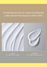 A promotional graphic showing two white cream textures: one labeled 'CREAM' with 'Rich, deeply adhering moisture' and one labeled 'AMPoule' with 'A soft, deeply nourishing inner glow,' above a beige and gray background with marketing text about combining cream and ampoule textures.