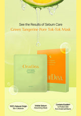 ClearDea Green Tangerine Pore Tok-Tok Mask packaging set against a light yellow-green background with a sliced green tangerine at the top and text highlighting sebum care benefits.