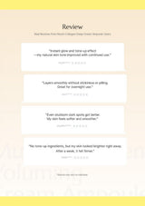 A digital graphic displaying four user reviews for a muscle collagen deep cream ampoule, set against a pale peach background with yellow borders at the top and bottom.