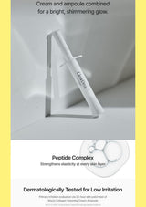 A promotional graphic for a Clear+Drx ampoule and cream set, showing a white applicator tube leaning against a white surface with text describing the cream and ampoule benefits. The layout includes yellow side borders and text about peptide complex and dermatologically tested low irritation.