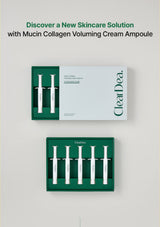 Two packages of Clear Dea. Mucin Collagen Voluming Cream Ampoule skincare are displayed on a light gray background with promotional text at the top.