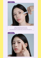 A two-step skincare application guide showing a woman applying a brightening cream to her forehead, cheek, and under-eye area. The top panel is labeled 'STEP 1' and the bottom panel is labeled 'STEP 2' with descriptive text below the first panel.