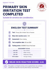 A digital graphic certificate of completion for a Primary Skin Irritation Test, showing a mean skin reaction score of 0.00, test details, and an assessment scale on a white background with purple and blue text.