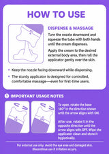 An instructional graphic titled 'HOW TO USE' for a cream applicator, showing step-by-step directions with simple line drawings and notes on dispensing, massage, and orientation.