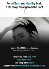 A promotional graphic for a scalp treatment with text reading 'For a Clean and Healthy Scalp That Stays Strong from the Root' above a grayscale photo of a person touching their scalp, and additional text below about temporary fixes versus true scalp care.