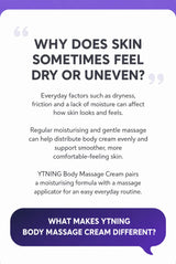 A promotional infographic with a white and purple background, featuring text about skin dryness and the benefits of YTNING Body Massage Cream, including a dark purple callout box.