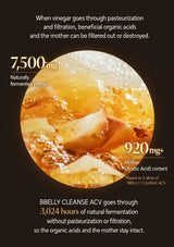 An informational graphic on a dark brown background with a large circular close-up of amber vinegar and ice. Text explains that naturally fermented vinegar is 7,500 mg and contains 920 mg+ mother (acetic acid), while BBELLY CLEANSE ACV undergoes 3,024 hours of natural fermentation without pasteurization or filtration, keeping the acids and mother intact.