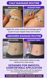 An informational graphic for a calf and abdomen massage routine, showing close-up panels of a person's leg and stomach with cream being applied and massaged, plus text instructions on a light purple background.
