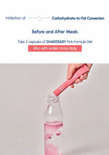 A hand inserts a pink Shakebaby formula stick into a clear bottle of water, with text above explaining carbohydrate-to-fat conversion inhibition before and after meals.
