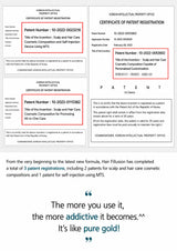 A document-style product image showing three Korean patent certificate pages with red highlighted patent numbers and text, plus a quote below in English. This is not a clean product photo, not a person in a real environment, and not a measurement chart, color swatch, or instruction diagram.