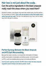 A promotional text-and-product layout for Hair Filtrusion and MTS Hair Filtration Set, showing two product bottles and a box on a white background with blue and black marketing copy above and below.