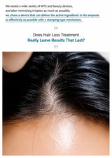 A close-up of a person's scalp with dark hair parted down the center, with text above discussing hair loss treatment results.