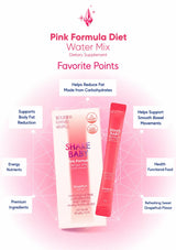 Pink Formula Diet Water Mix dietary supplement featuring a pink box and a single stick pack labeled Shake Baby, with marketing text and callout labels on a light pink background.