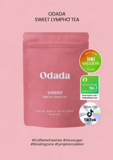 A pink stand-up pouch of Odada Sweet Lympho Tea centered on a solid pink background, with product text at the top and circular badges on the right including 'Sold Over 100 Million', 'Olive Young No.1 Healthiest Beauty Store', and 'Viral on TikTok'.