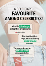 Promotional graphic for apple cider vinegar featuring a cropped photo of a woman's midsection wearing a white top and light blue jeans, with text overlays about celebrities drinking this vinegar and product claims.