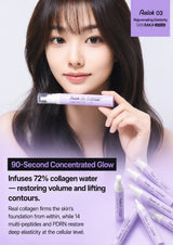 A woman holds a small cosmetic pen device near her mouth against a soft lavender background. Several similar devices are arranged at the lower right, with text describing the product as Aalok 03 and collagen-infused skincare.