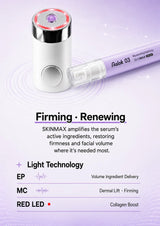 A skincare device and applicator pen shown on a light lavender background with text describing benefits: Firming · Renewing, Light Technology, EP, MC, and RED LED.