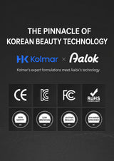 Promotional graphic for a beauty product featuring the text 'THE PINNACLE OF KOREAN BEAUTY TECHNOLOGY' and a collaboration between HK Kolmar and Aalok. Below, six black certification-style tiles show CE, KC, FC, RoHS, skin safety, and low irritation marks on a dark charcoal background.
