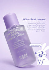 A bottle of Tokki Unison Purple R30 PDRN Aurora Mist on a light lavender background, with descriptive text and a cartoon bunny illustration.