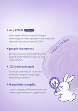 A purple informational graphic with text describing skincare ingredients and a large translucent oval bottle labeled 'todd's recipe' on the right, plus a white cartoon rabbit holding a mirror. The layout is clean and centered on a lavender background.