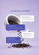 An informational graphic on a lavender background with the headline 'why tokki chose rice PDRN?' and several blue and white text callouts around spilled black seed grains in a white scoop. The text discusses deeper absorption, dual radiance care, anti-aging support, and fast skin recovery.