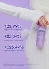 A person in a white knit sweater holds a lavender bottle of Tonal Fluid Serum against a light purple background with promotional text showing increased skin radiance, hydration, and barrier improvement.