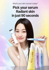 A beauty advertisement showing a woman holding skincare devices and three small serum bottles labeled Radiant Skin, with large promotional text at the top on a pastel gradient background.
