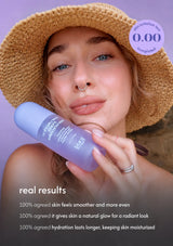 A woman in a straw hat holds a bottle of Tula Skincare Hydration + Repair Balm against a lavender background, with text reading 'real results' and a circular 'skin irritation test 0.00 Completed' badge.