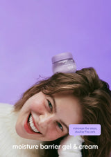 Woman balancing a TOKKI ON THE MOON Purple Rice PDRN Gel & Cream 50g jar against a purple background