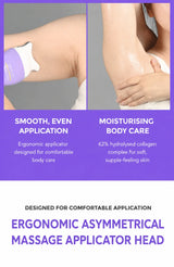 Promotional graphic for an ergonomic asymmetric massage applicator head, showing two close-up body-care application scenes above a purple text panel. The left panel shows a hand applying a white cream-like product to a shoulder with a purple applicator.