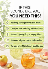 Promotional graphic with the headline 'IF THIS SOUNDS LIKE YOU, YOU NEED THIS!' above a list of five common cravings and snack habits, alongside images of fruit and glasses of iced drinks on a light background.