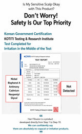 A marketing graphic with text stating 'Don’t Worry! Safety Is Our Top Priority' and a screenshot of a KOTTI test report showing 'Not Detected' for nickel, bisphenol A, cadmium, neopentyl glycol, and hair fillers, plus a quote about hair fillers being a real product.