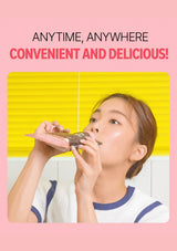 A promotional graphic with a pink border and headline reading 'ANYTIME, ANYWHERE CONVENIENT AND DELICIOUS!' above a photo of a woman drinking from a small pink travel cup or straw container in front of yellow window blinds.