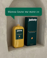 Yellow bottle and black box of Julioly product in a stone niche with text overlay.