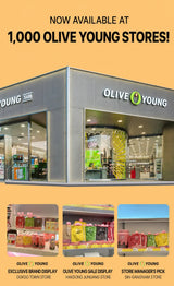 Promotional graphic for Olive Young restaurant, showing a storefront on a warm beige background with text reading 'NOW AVAILABLE AT 1,000 OLIVE YOUNG STORES!' and three smaller store display photos along the bottom.