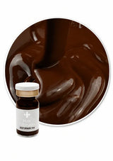 A small bottle of Hair Million Deep Brown 750 hair dye shown in front of a large circular close-up of glossy deep brown hair color texture on a white background.