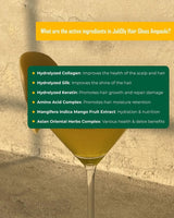 Hair ampoule with a list of active ingredients on a textured beige background