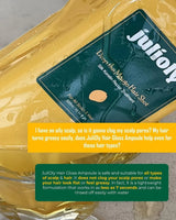 Julioily hair product packaging with text on a gray background